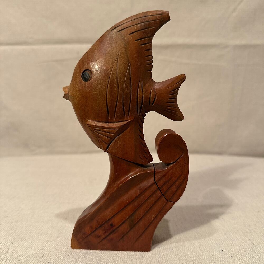 Rare Vintage 1940s Handcarved Hawaii Milo Wood Fish Hidden Perfume Bottle